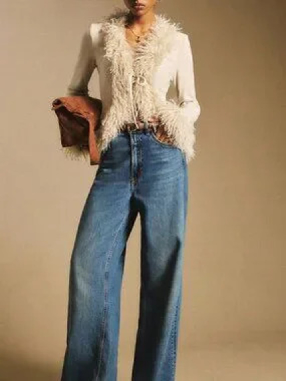 ZARA Apricot Women's Plush faux fur Trim Tie-Placket Elegant cardigan top